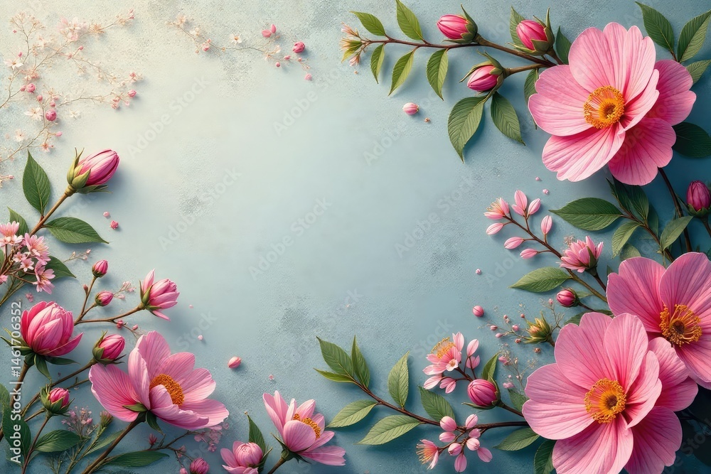 Fototapeta premium Subtle floral damask, delicate blossoms & acanthus leaves, leaves, gold