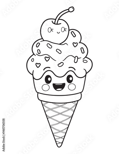 Kawaii Ice Cream with Cherry – Cute Dessert Coloring Page
