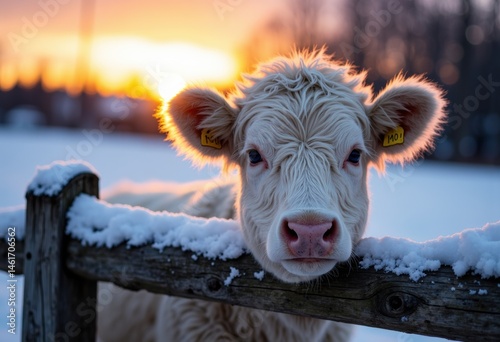 Close-up of a young cow with snow on its nose during sunset in a winter landscape