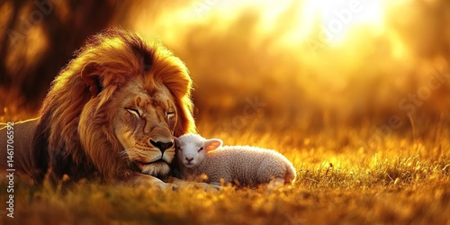 lion and lamb - symbols of faith in the strong protecting the weak