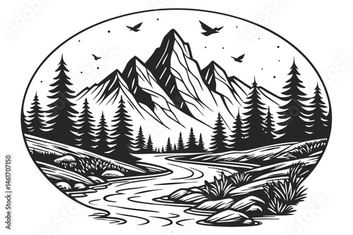 54 Black and white illustration, mountain landscape, circular composition, moonlit scene, pine forest, winding river, rocky riverbed, detailed linework, majestic peaks, flying birds, starry sky, refle