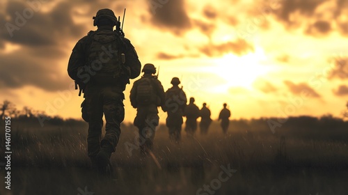 Silhouette military soldiers patrol across field during dramatic sunset, copy space