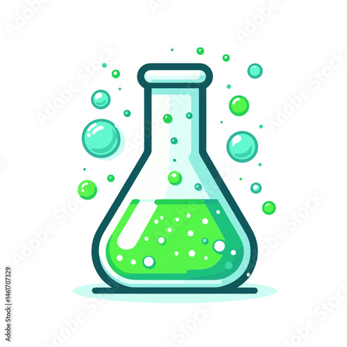 Laboratory flask with bubbling green liquid in a flat vector style