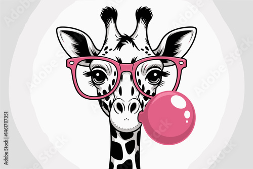 Cute Giraffe with Pink Glasses and Bubble Gum – Quirky Animal Illustration

