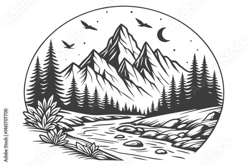 54 Black and white illustration, mountain landscape, circular composition, moonlit scene, pine forest, winding river, rocky riverbed, detailed linework, majestic peaks, flying birds, starry sky, refle
