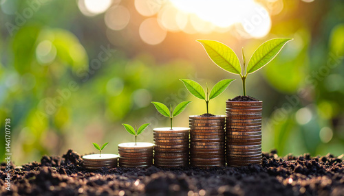 Wallpaper Mural Young green plant growing on stacked coins in soil, symbolizing investment growth, sustainable finance, carbon reduction, and eco friendly economic development in natural outdoor setting Torontodigital.ca