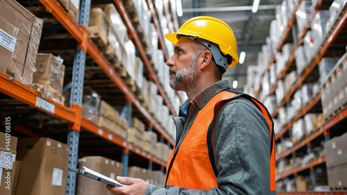 Wallpaper Mural Warehouse Safety Inspection: A focused warehouse worker conducts a detailed inspection of inventory, meticulously assessing storage, ensuring optimal organization. Torontodigital.ca