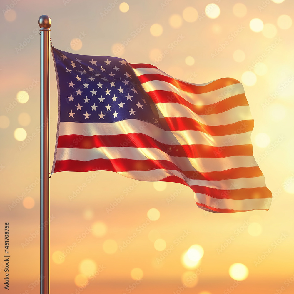 bandeira americana fotorealista ondulando suavemente ao vento, capturada durante a hora dourada. Cores vibrantes de vermelho, branco e azul com um fundo suavemente desfocado