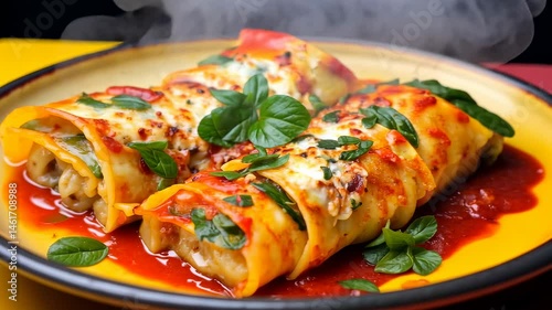 Close-up of hot cannelloni in tomato sauce with basil on yellow plate. Italian cuisine.