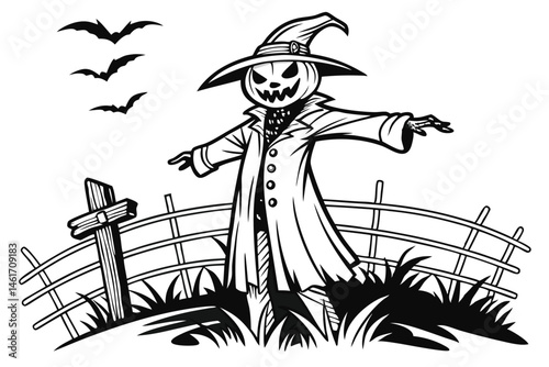 55 Halloween scarecrow, jack-o'-lantern face, witch hat, ragged clothes, eerie, spooky, black and white sketch, cross-hatching, detailed illustration, haunting expression, outstretched arms, creepy at