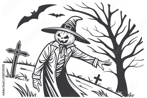 55 Halloween scarecrow, jack-o'-lantern face, witch hat, ragged clothes, eerie, spooky, black and white sketch, cross-hatching, detailed illustration, haunting expression, outstretched arms, creepy at