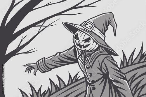 55 Halloween scarecrow, jack-o'-lantern face, witch hat, ragged clothes, eerie, spooky, black and white sketch, cross-hatching, detailed illustration, haunting expression, outstretched arms, creepy at