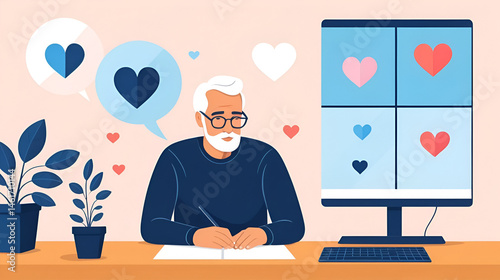 New beginnings after loss web or landing. A widower contemplates love again amidst the complexities of online dating. Flat vector illustration.