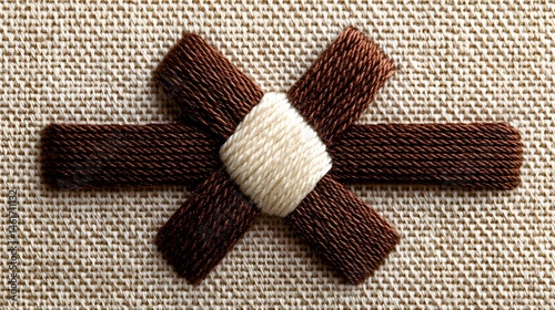 Closeup of Brown and Beige Yarn Cross Pattern on Neutral Fabric