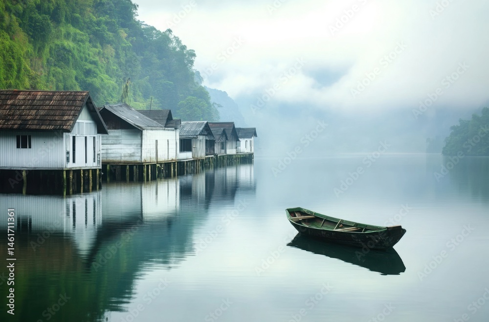 Fototapeta premium A tranquil scene of a small boat drifting on a lake, near a peaceful fishing village with wooden homes and white warehouses
