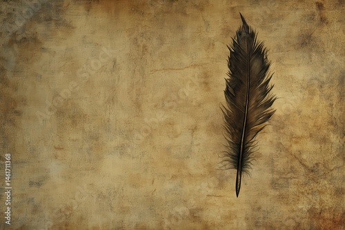 Aged parchment background with a single dark feather, suggesting writing or storytelling