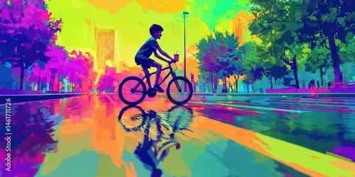 Wallpaper Mural Digital artwork of an energetic boy cycling across a neon-green stylized parkscape, wearing trendy activewear and sipping fruit juice. Torontodigital.ca