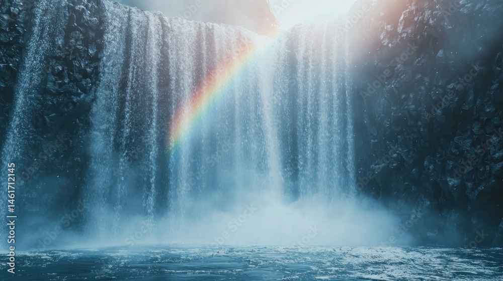 Majestic waterfall with rainbow, misty spray, and sunlight. Majestic waterfall with rainbow, misty spray, and sunlight.