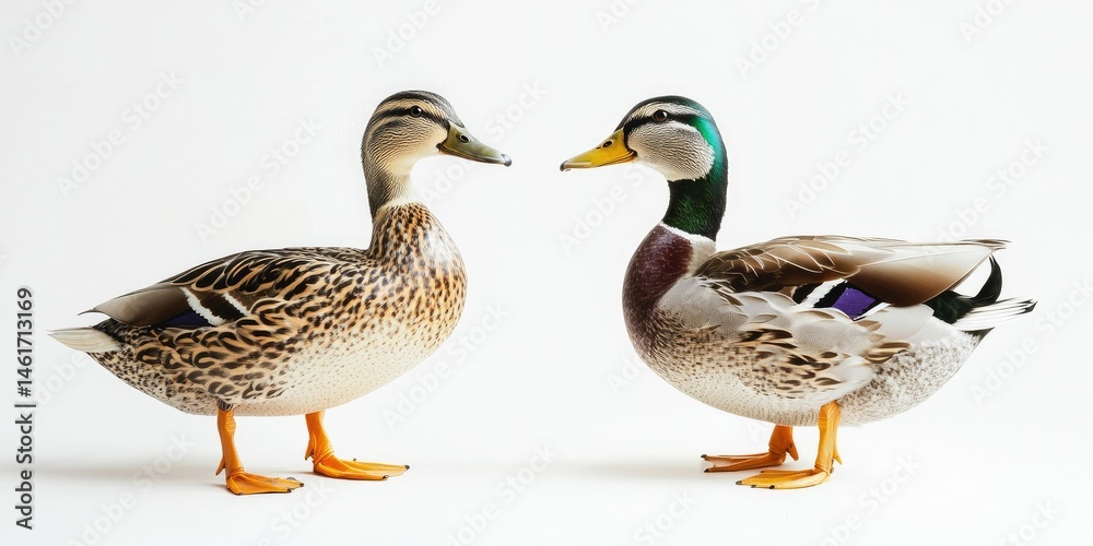 Obraz premium Ducks in natural shape contrast, one thinner and one plumper, white setting.