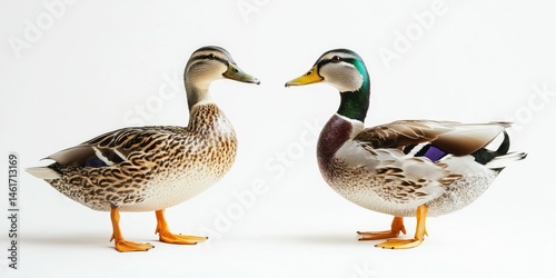 Ducks in natural shape contrast, one thinner and one plumper, white setting.