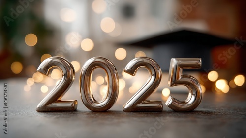 The focus is on the year 2025 made of shiny silver numbers, surrounded by a blurred bokeh backdrop and a graduated cap, symbolizing achievement and success in education