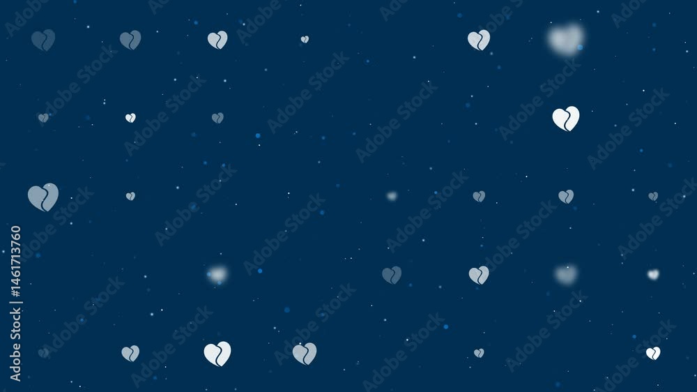 Template animation of evenly spaced two halves of a heart symbols of different sizes and opacity. Animation of transparency and size. Seamless looped 4k animation on dark blue background with stars Template animation of evenly spaced two halves of a heart symbols of different sizes and opacity. Animation of transparency and size. Seamless looped 4k animation on dark blue background with stars