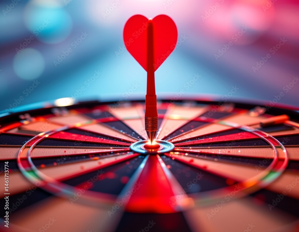 Fototapeta premium a dartboard with a bullseye at its center. a single red dart is stuck in the bullseye, creating a heart shape with two arrows. this formation resembles a target or an aiming for perfection