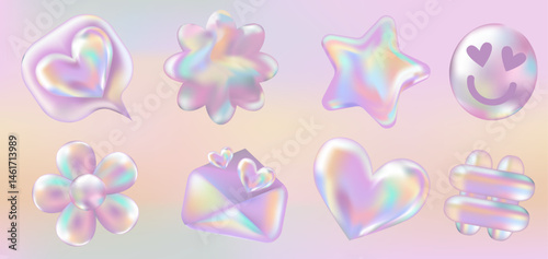 3d holographic retro 90 stickers set. Pink Chrome Envelope, Hashtag, Like, Star, Daisy Flowers, Smile, Heart in Y2K style on gradient template. Future galaxy aesthetic, 3D chrome bubble art. 