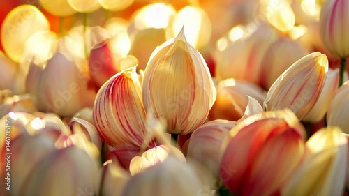 Close-up of flower buds resembling garlic cloves glowing in warm golden light with bokeh.