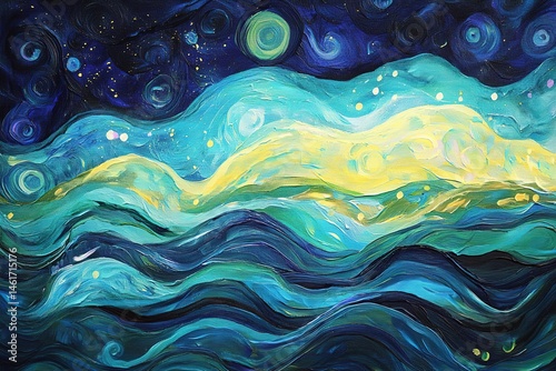 Abstract Night Sky Landscape Painting With Mountains And Waves