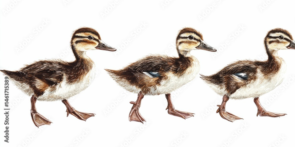 Obraz premium Ducks with realistic foot placement and feather layering, white background.