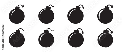 Simple black silhouette icon mega set of bombs with a round shape and a curved fuse on a white background