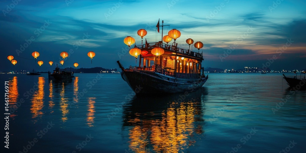 Obraz premium Each lantern's path traces a soft arc upward, surrounding the boat like a halo.