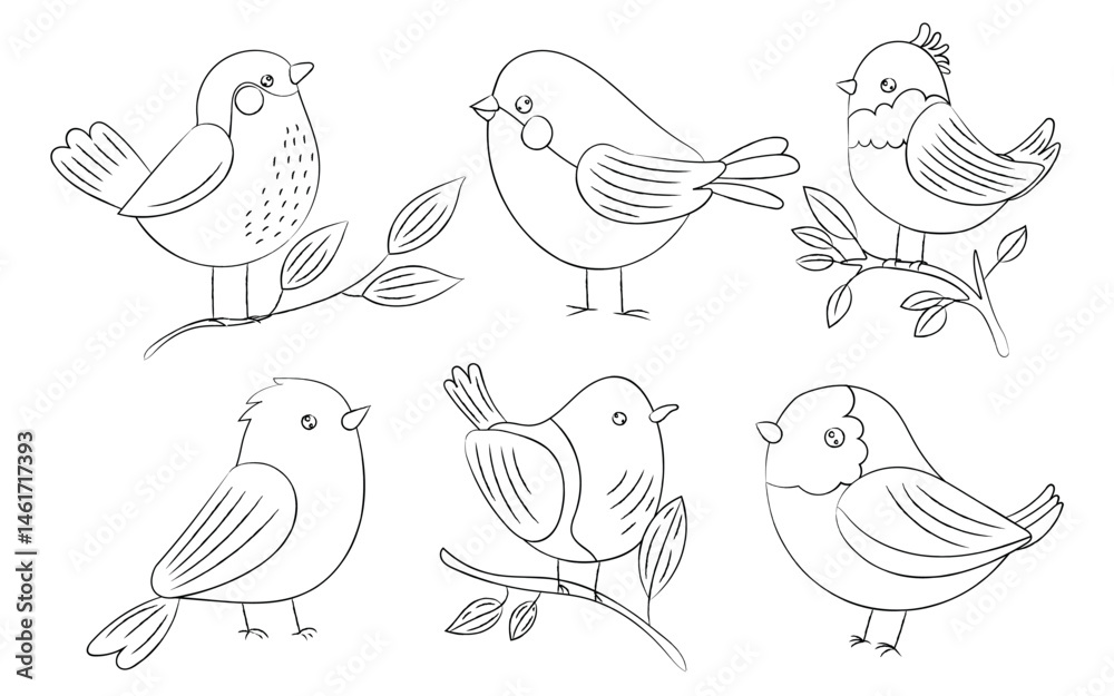 Fototapeta premium Cute outline birds with charming details perched on branches, perfect for nature, wildlife, spring art, sketching, and hand-drawn coloring pages.