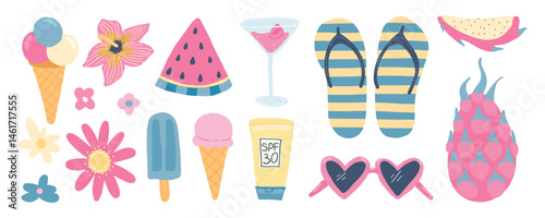 Summer essentials with ice cream, cocktails, flip-flops, and sunscreen, capturing beach vacation vibes, tropical leisure, and colorful holiday fun.