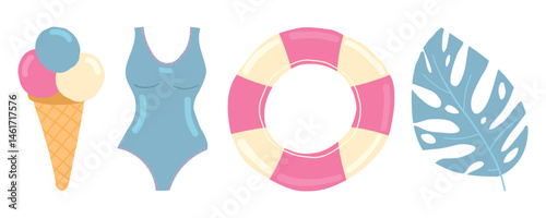 Poolside charm with swimsuits, lifebuoys, tropical leaves, and ice cream, perfect for aquatic summer decor, resort lifestyle, and sunny vacation scenes.