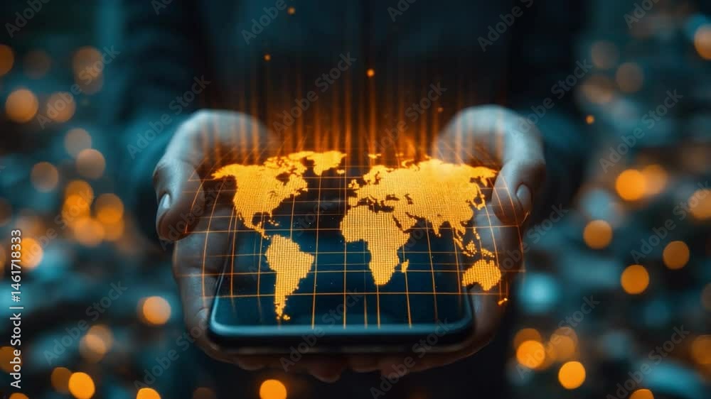 Global Connectivity: A person's hands cradling a smartphone, illuminating a vibrant, glowing world map, symbolizing the power of global connection.