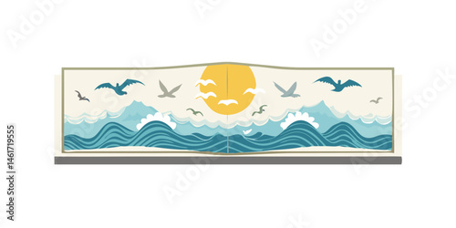 Ocean waves with flying birds and rising sun in landscape strip