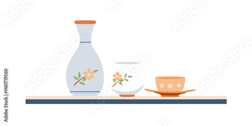 Japanese sake set with floral pattern on tray