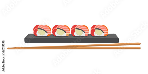 Sushi rolls with chopsticks on wooden tray in flat style