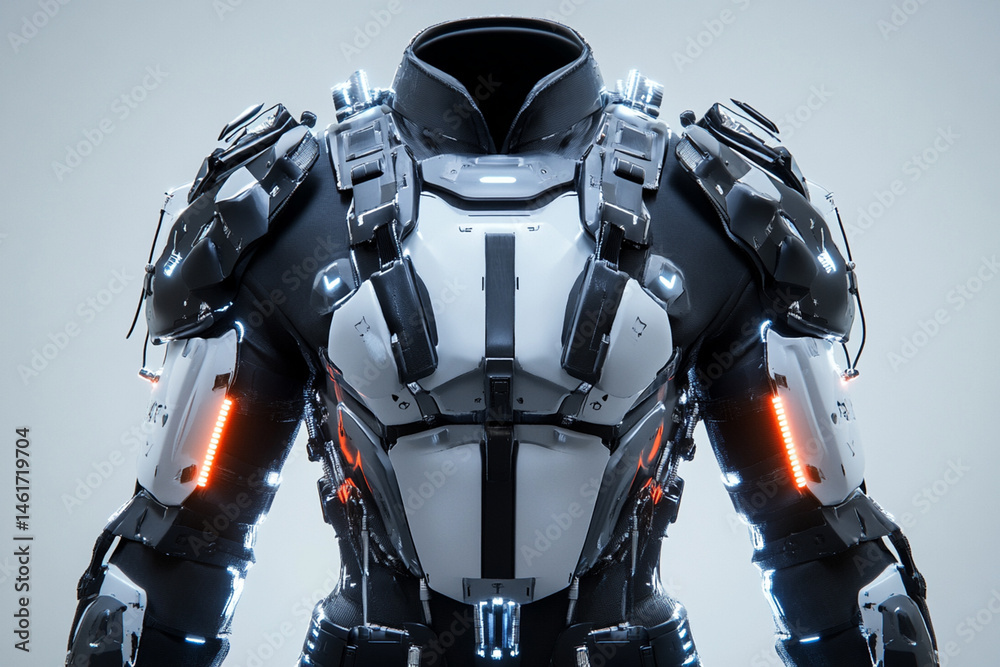 Futuristic armor with cybernetic elements, lighting and a complex system of sensors Futuristic armor with cybernetic elements, lighting and a complex system of sensors