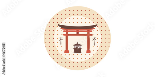 Japanese torii with shrine in dotted beige circle