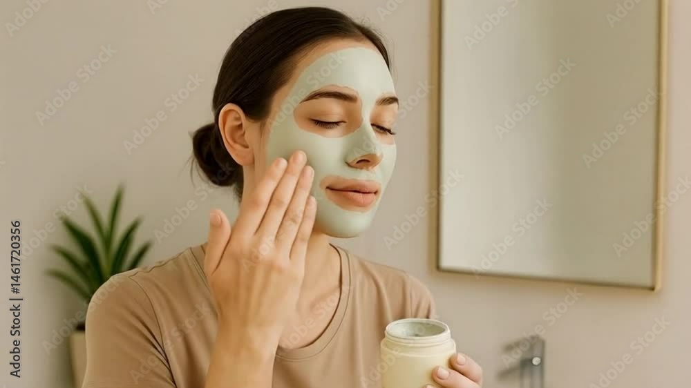 mujer aplicandose una mascarilla de belleza en el cuarto de baño de su casa