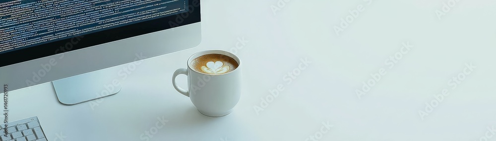 A cup of coffee with latte art sits on a desk beside a computer monitor displaying code.