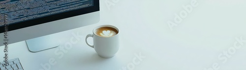 Obraz na płótnie A cup of coffee with latte art sits on a desk beside a computer monitor displaying code. w salonie