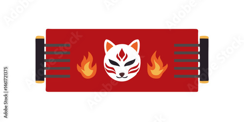 Japanese kitsune scroll with red and black accents and flames