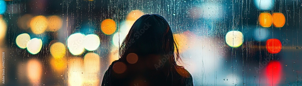 A person stands by a rain-covered window, gazing at blurred city lights in the night.