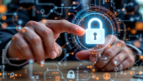 a person's hand holding a digital lock within a complex matrix of digital connections, symbolizing the concept of cybersecurity and data protection.