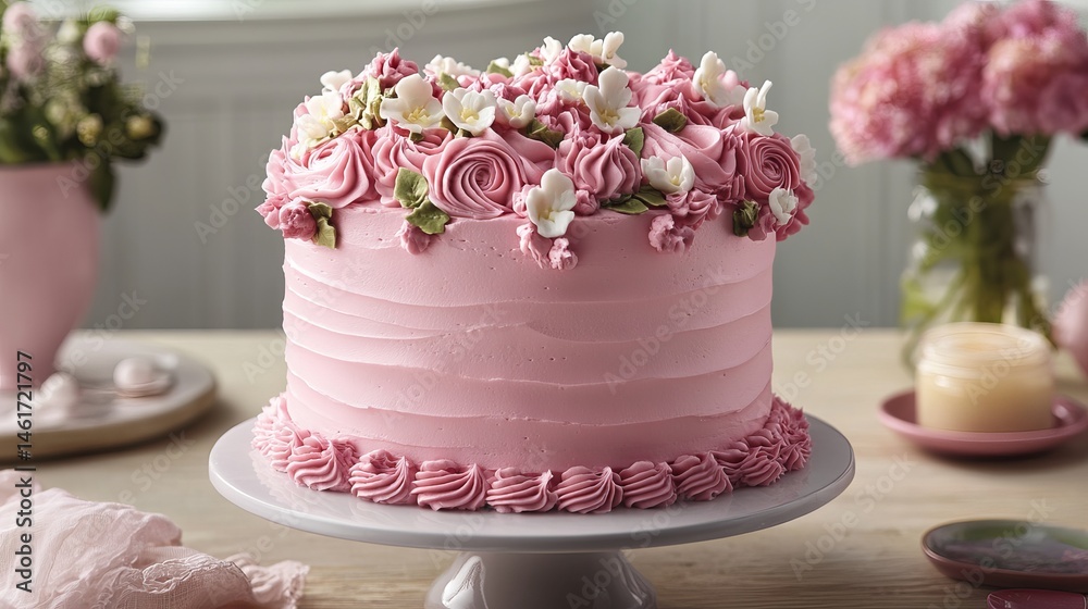Elegant pink buttercream cake decorated with delicate sugar flowers food sweet party tasty roses Elegant pink buttercream cake decorated with delicate sugar flowers food sweet party tasty roses