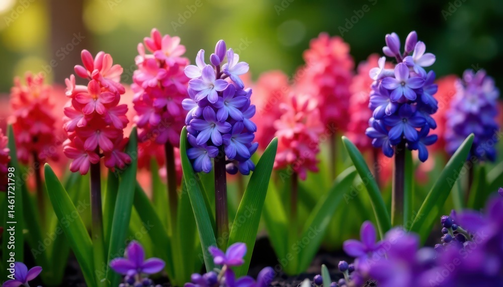 Obraz premium Hyacinth bulbs, vibrant blooms, garden setting, copy space , nature, plant, texture